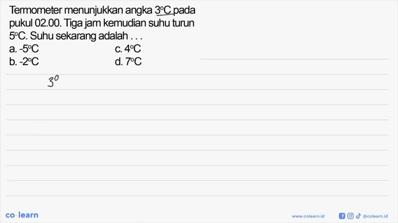 Termometer menunjukkan angka 3 C pada pukul 02.00. Tiga jam