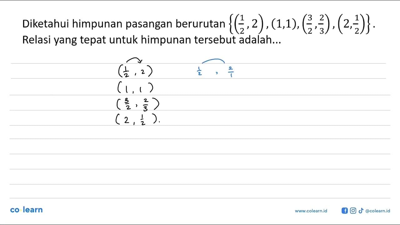 Diketahui himpunan pasangan berurutan {(1/2, 2), (1, 1),