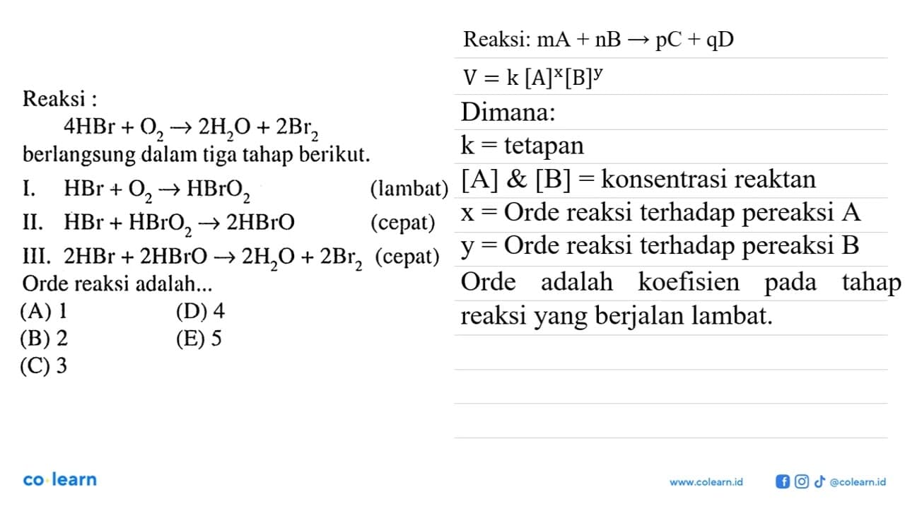 Reaksi : 4HBr+O2->2H2O+2Br2 berlangsung dalam tiga tahap