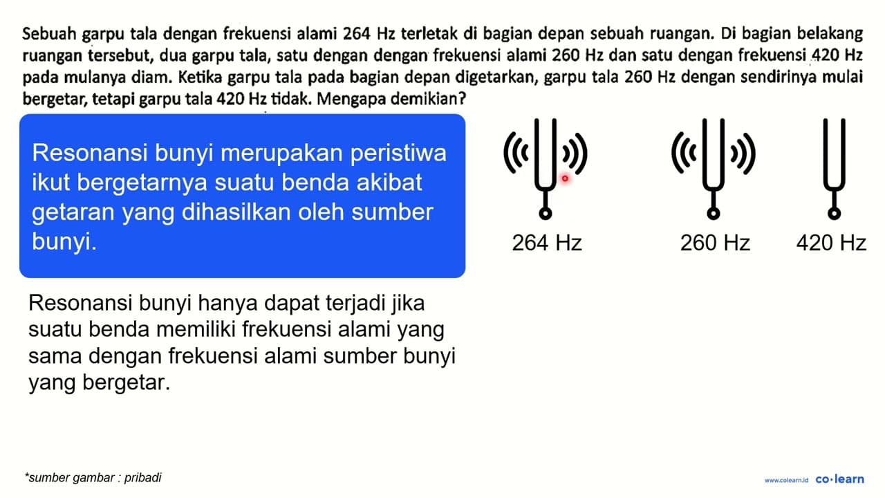 Sebuah garpu tala dengan frekuensi alami 264 Hz terletak di