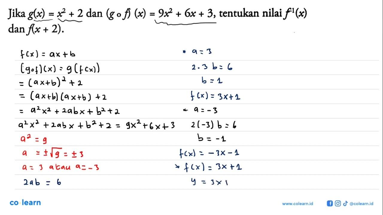 Jika g(x)=x^2+2 dan (gof)(x)=9 x^2+6 x+3 , tentukan nilai