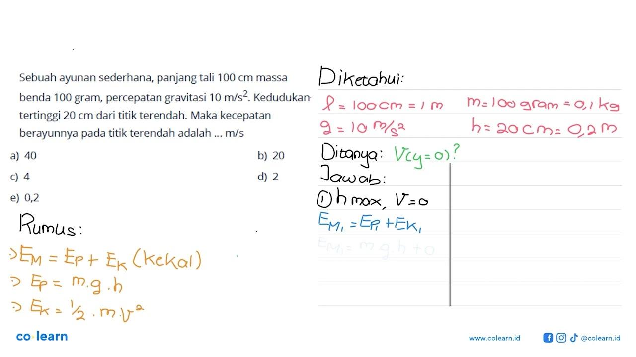 Sebuah ayunan sederhana, panjang tali 100 cm massa benda