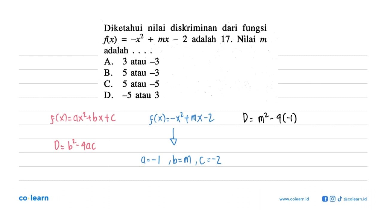 Diketahui nilai diskriminan dari fungsi f(x) = -x^2 + mx -