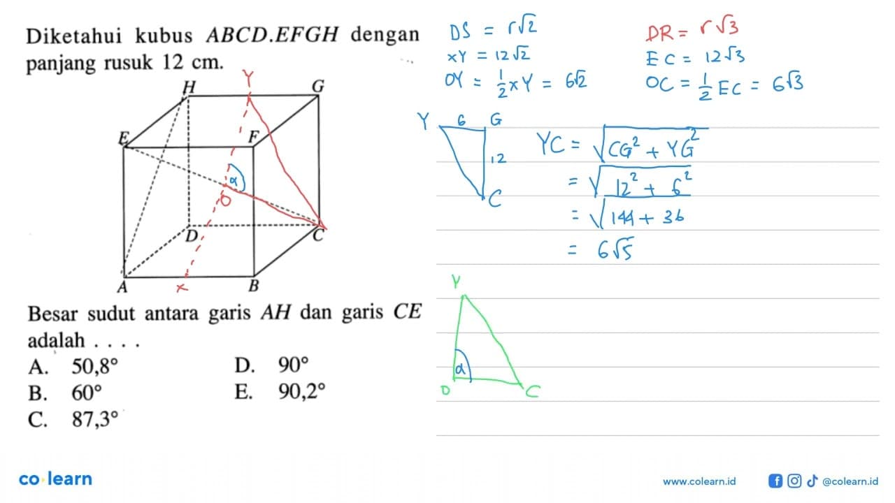 Diketahui kubus ABCD.EFGH dengan panjang rusuk 12 cm. Besar