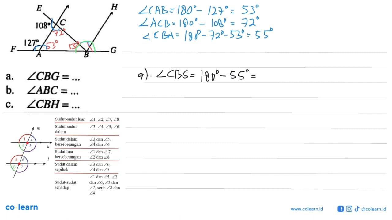 E H 108 C F 127 A B G a. sudut CBG=... b. sudut ABC=... c.