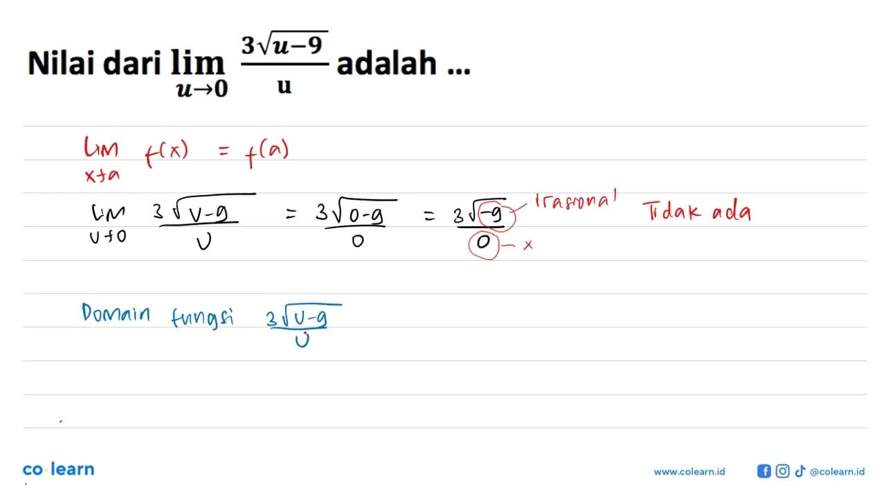 Nilai dari lim u->0 {(3akar(u-9))/(u)} adalah ...