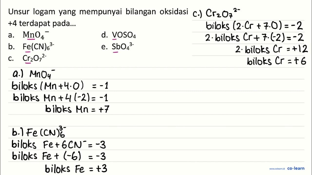 Unsur logam yang mempunyai bilangan oksidasi +4 terdapat