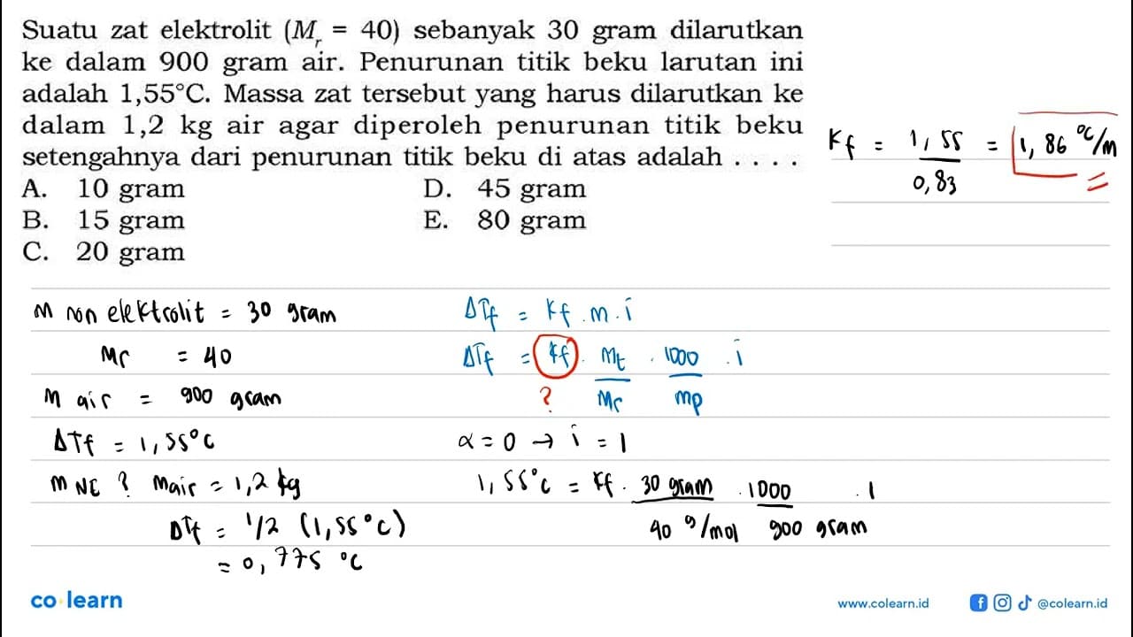 Suatu zat elektrolit (Mr = 40) sebanyak 30 gram dilarutkan