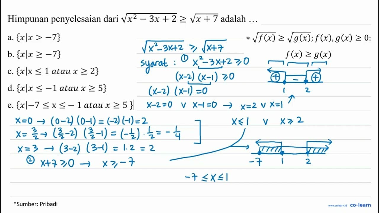 Himpunan penyelesaian dari akar(x^(2)-3 x+2) >= akar(x+7)