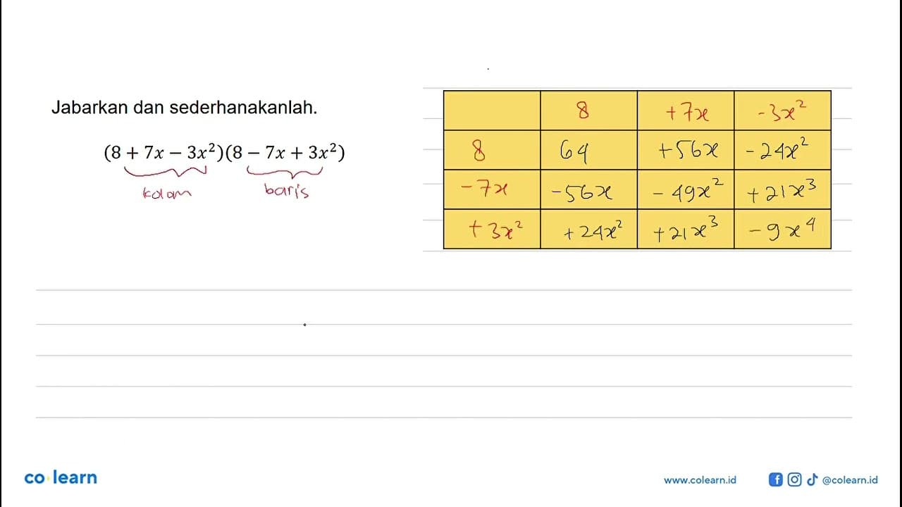 Jabarkan dan sederhanakanlah. (8+7x-3x^2)(8-7x+3x^2)