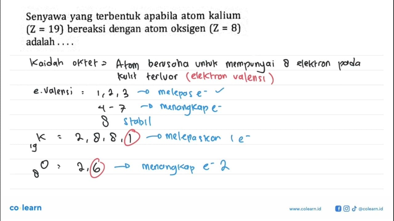 Senyawa yang terbentuk apabila atom kalium (Z = 19)