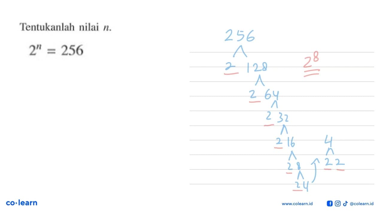 Tentukanlah nilai n. 2^n = 256