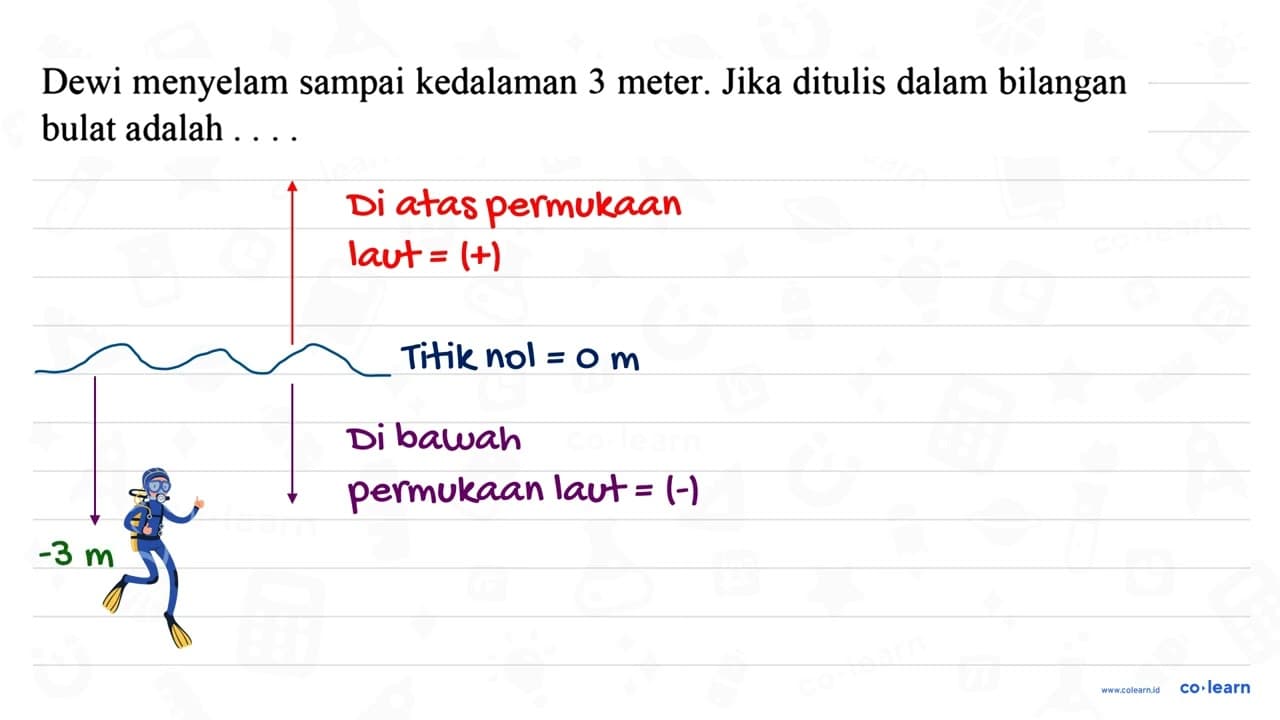 Dewi menyelam sampai kedalaman 3 meter. Jika ditulis dalam