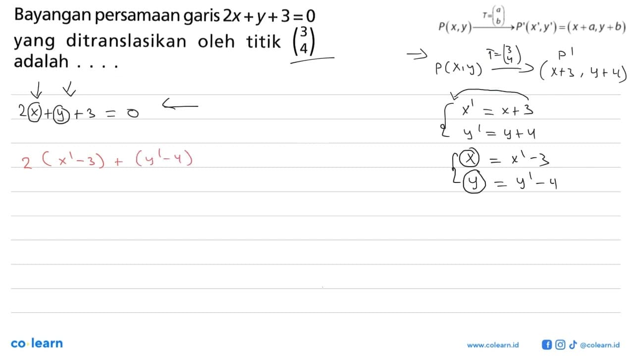 Bayangan persamaan garis 2x+Y+3=0 yang ditranslasikan oleh