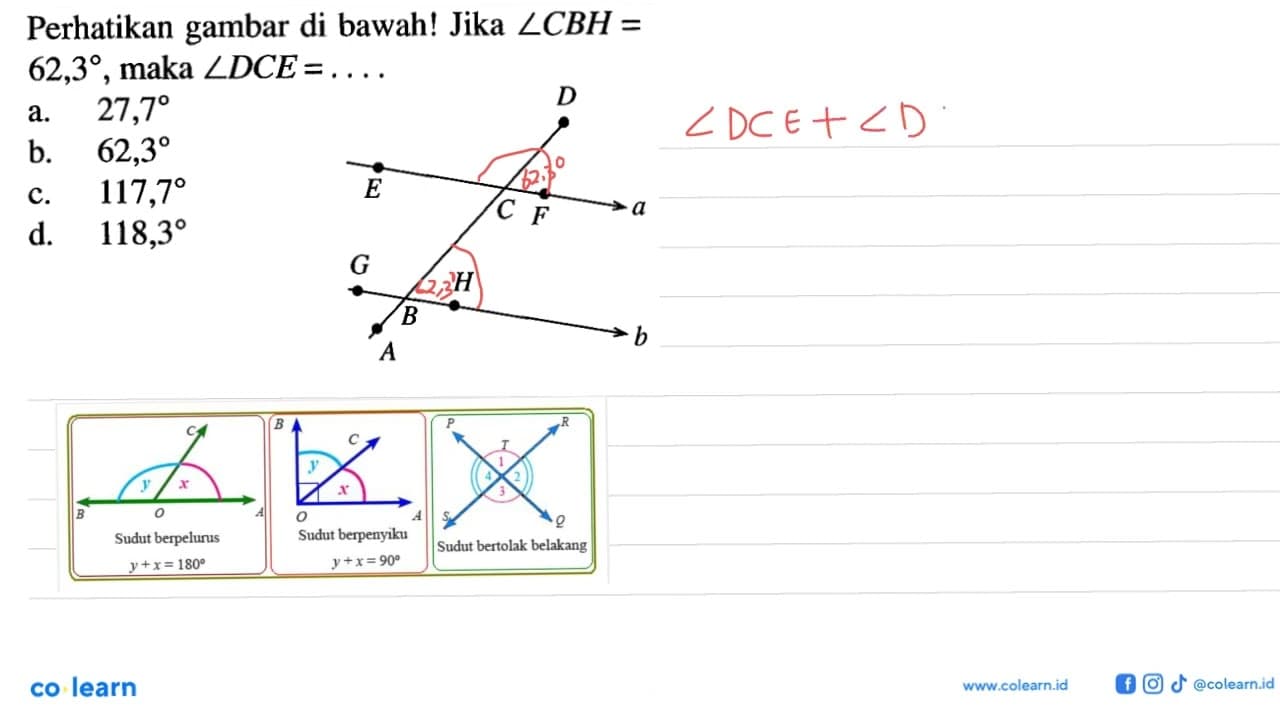 Perhatikan gambar di bawah! Jika sudut CBH = 62,3, maka
