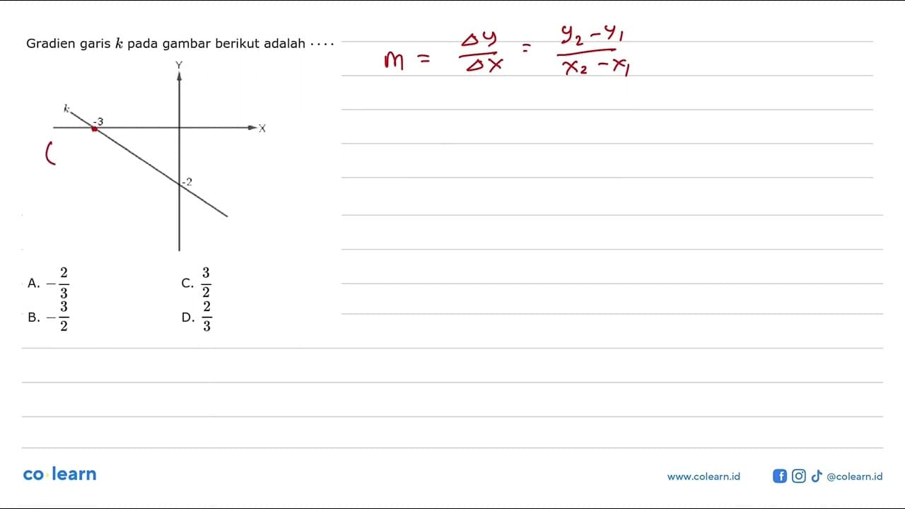 Gradien garis k pada gambar berikut adalah A. -2/3 B. -3/2