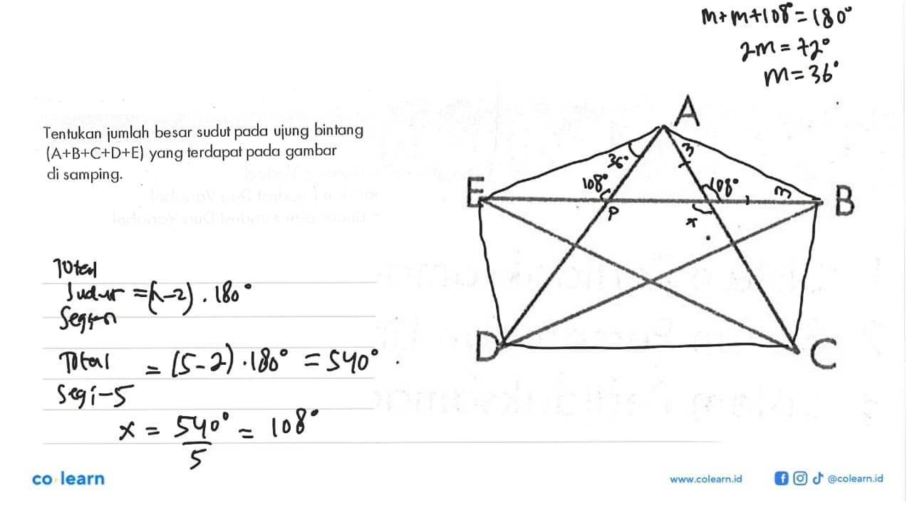 Tentukan jumlah besar sudut pada ujung bintang (A+B+C+D+E)