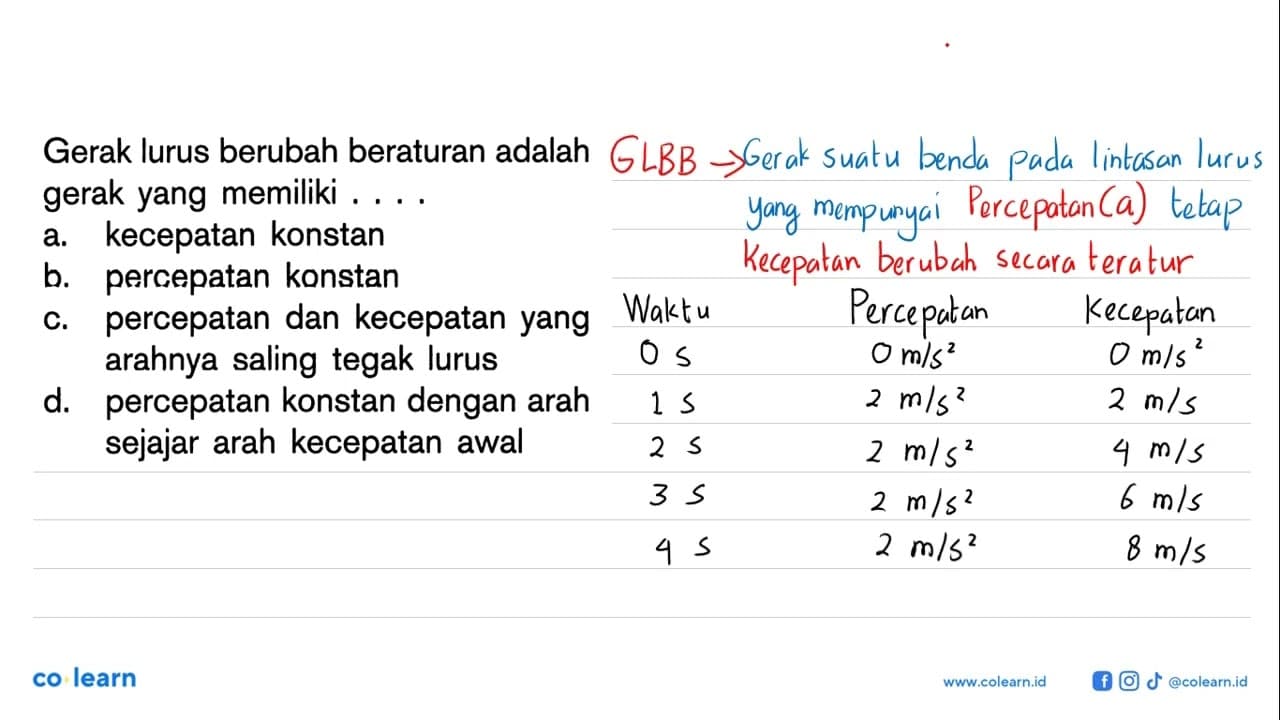 Gerak lurus berubah beraturan adalah gerak yang memiliki