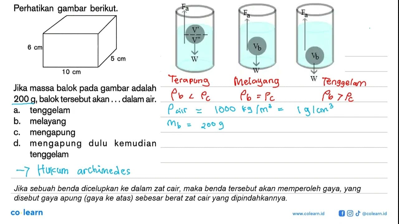 Perhatikan gambar berikut. 6 cm 10 cm 5 cm Jika massa balok