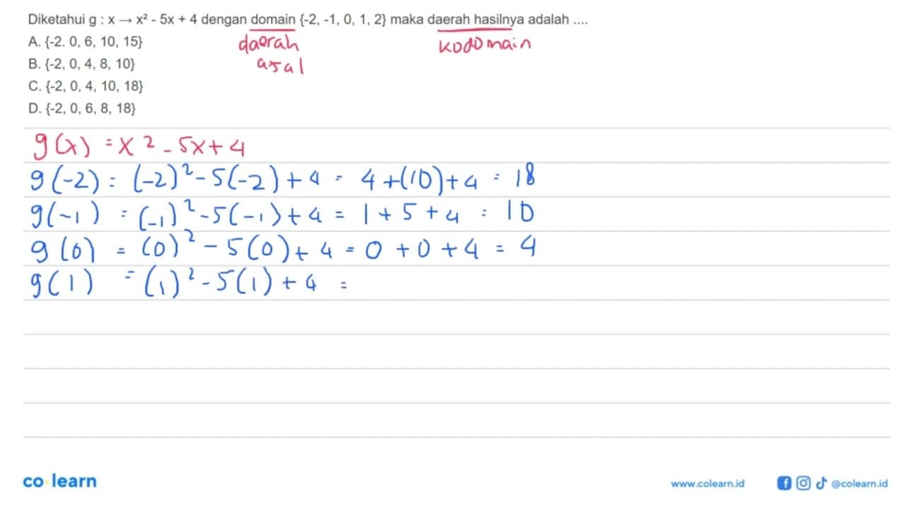 Diketahui g:x -> x^2 - 5x +4 dengan domain {-2, -1, 0, 1,