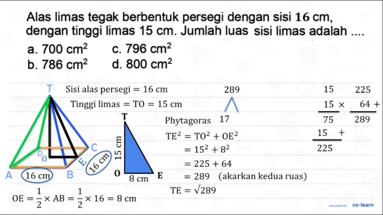 Alas limas tegak berbentuk persegi dengan sisi 18 cm ,