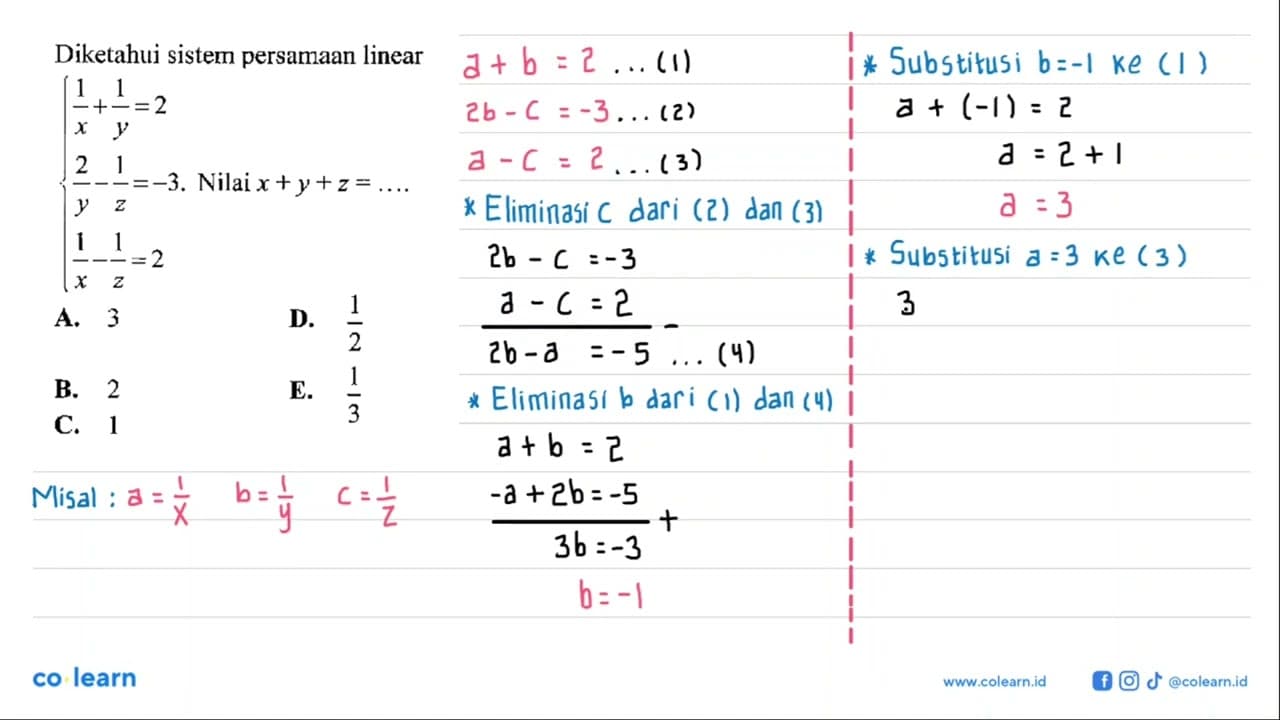 Diketahui sistern persamaan linear 1/x + 1/y=2 2/y-1/z=-3