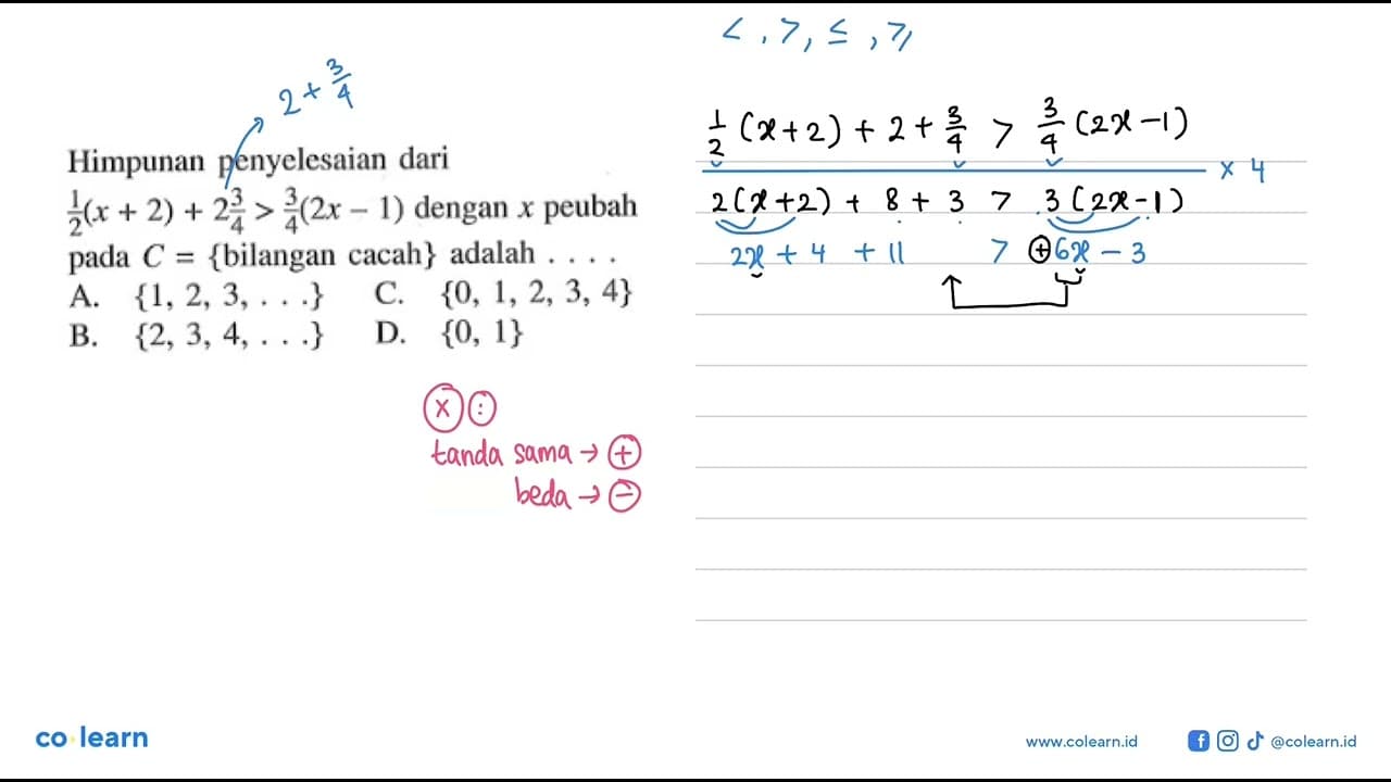 Himpunan penyelesaian dari 1/2(x +2) + 2 3/4 > 3/4 (2x 1)