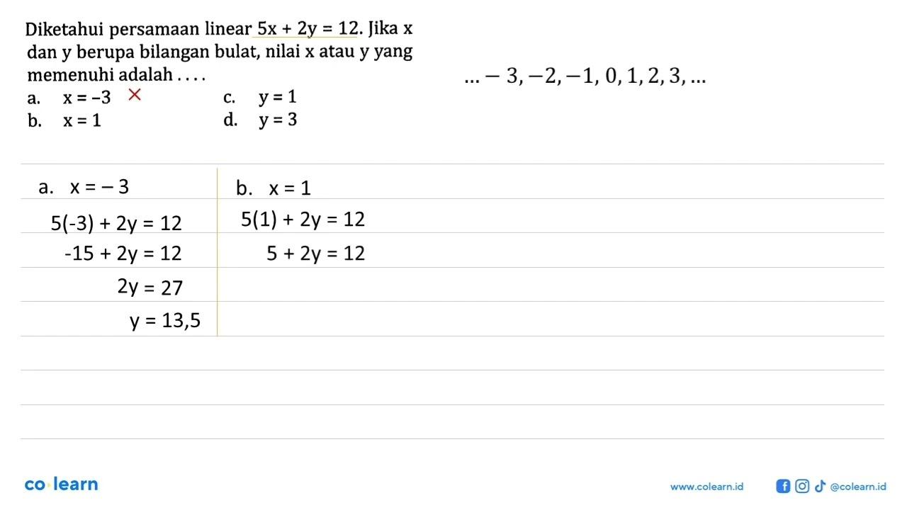 Diketahui persamaan linear 5x+2y=12. Jika x dan y berupa