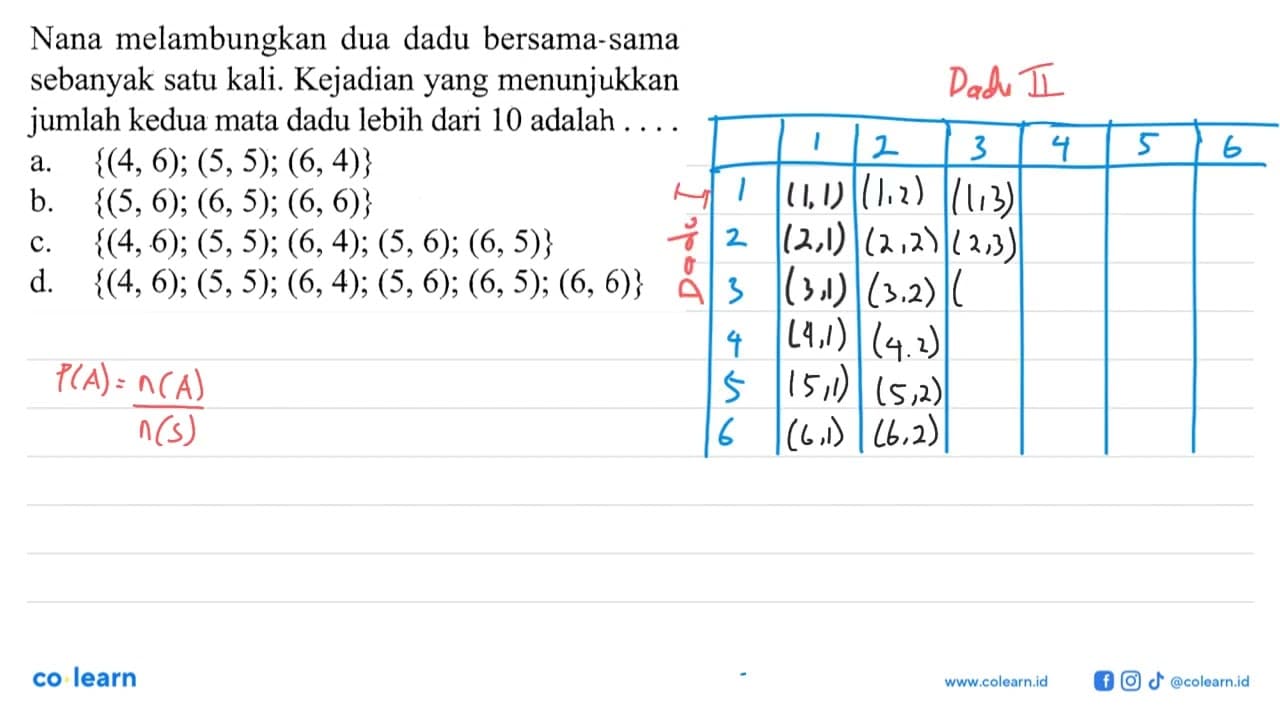 Nana melambungkan dua dadu bersama-sama sebanyak satu kali.