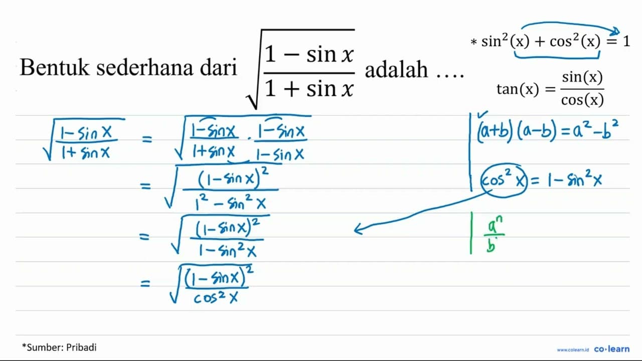 Bentuk sederhana dari akar((1-sin x)/(1+sin x)) adalah ....