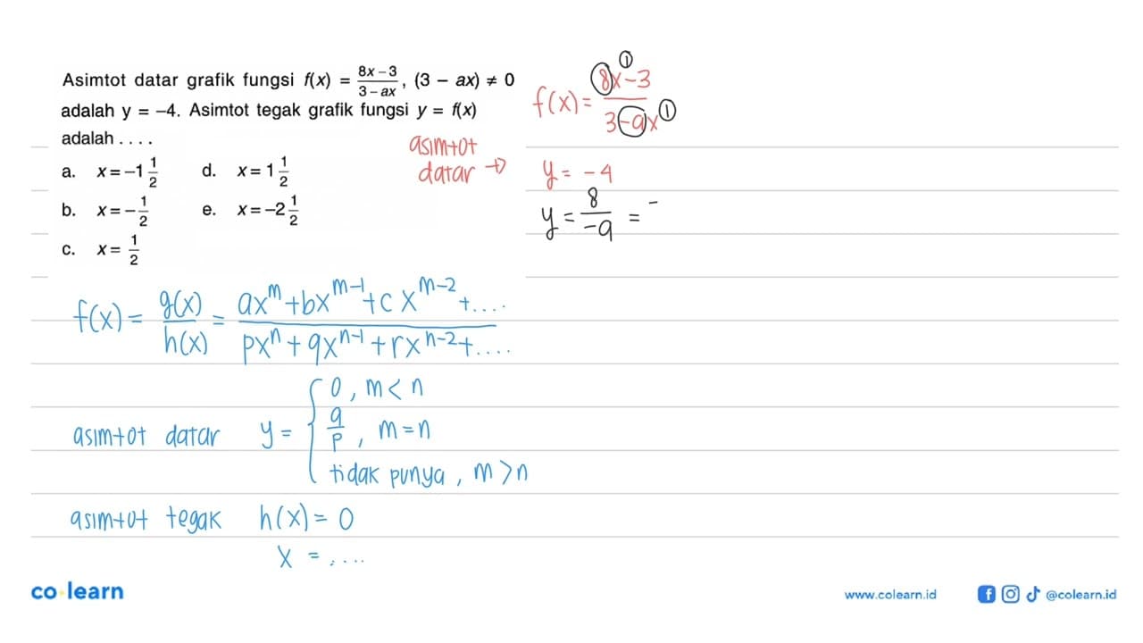 Asimtot datar grafik fungsi f(x)=(8x-3)/(3-(ax)),