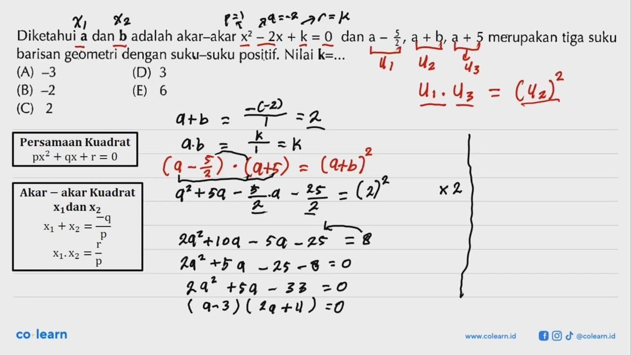 Diketahui a dan b adalah akar-akar x^2-2x+k=0 dan a-5/2,