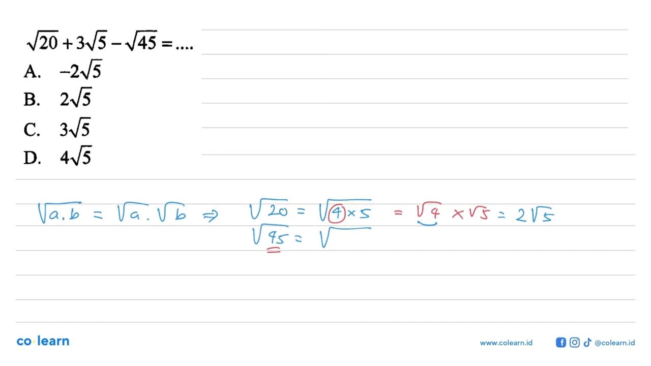 akar(20) + 3 akar(5) - akar(45) = ....