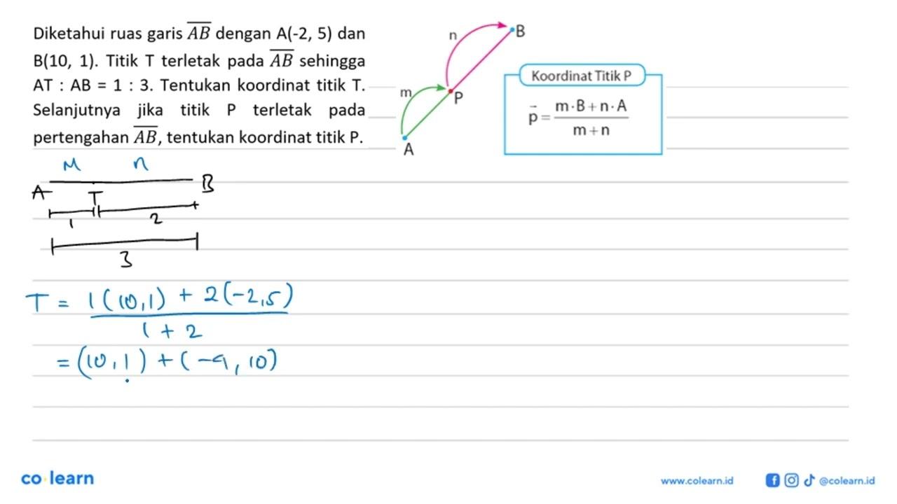 Diketahui ruas garis AB dengan A(-2,5) dan B(10,1). Titik T