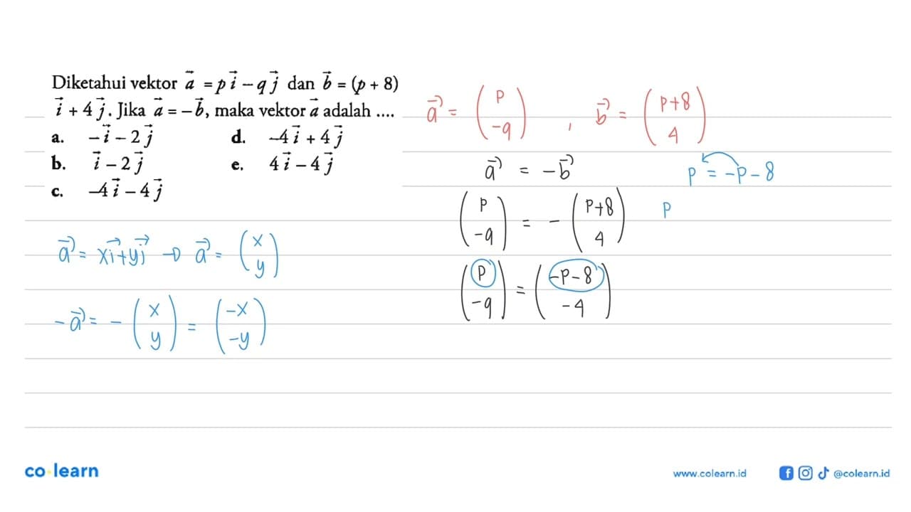 Diketahui vektor a=p i-q j dan b=(p+8) i+4 j . Jika a=-b ,