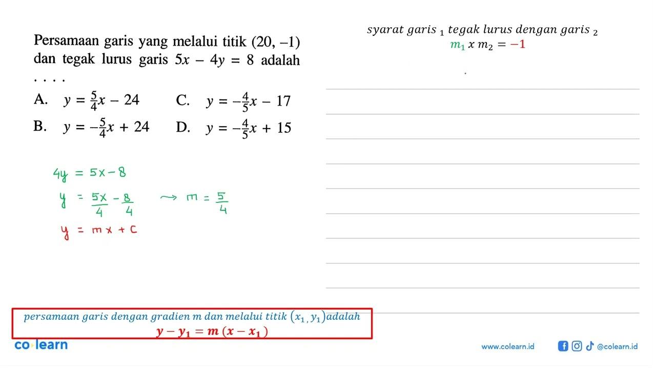 Persamaan garis yang melalui titik (20, -1) dan tegak lurus