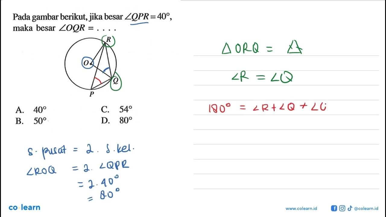 Pada gambar berikut, jika besar sudut QPR=40, maka besar