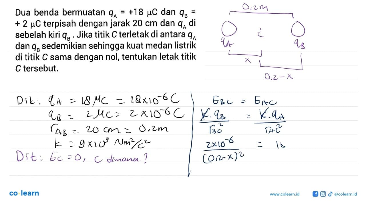 Dua benda bermuatan qA = +18 mikro C dan qB = + 2 mikro C