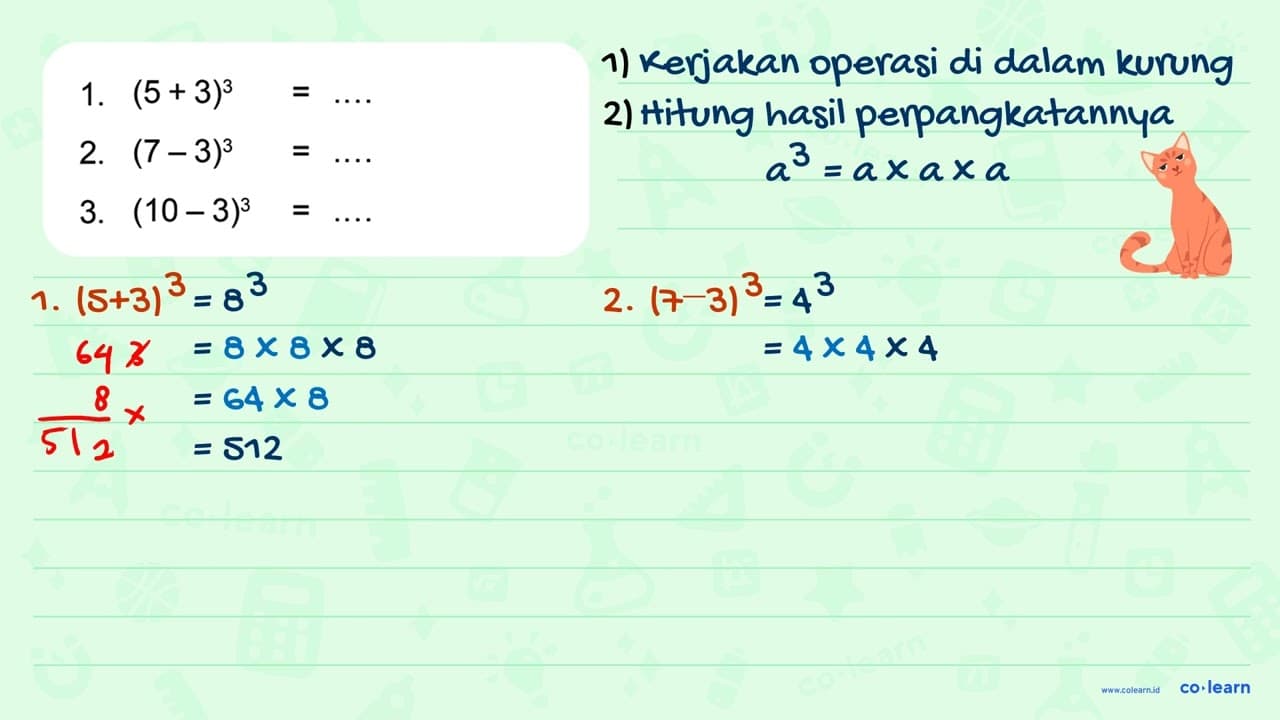 1. (5 + 3)^3 = ... 2. (7 - 3)^3 = ... 3. (10 - 3)^3 = ...