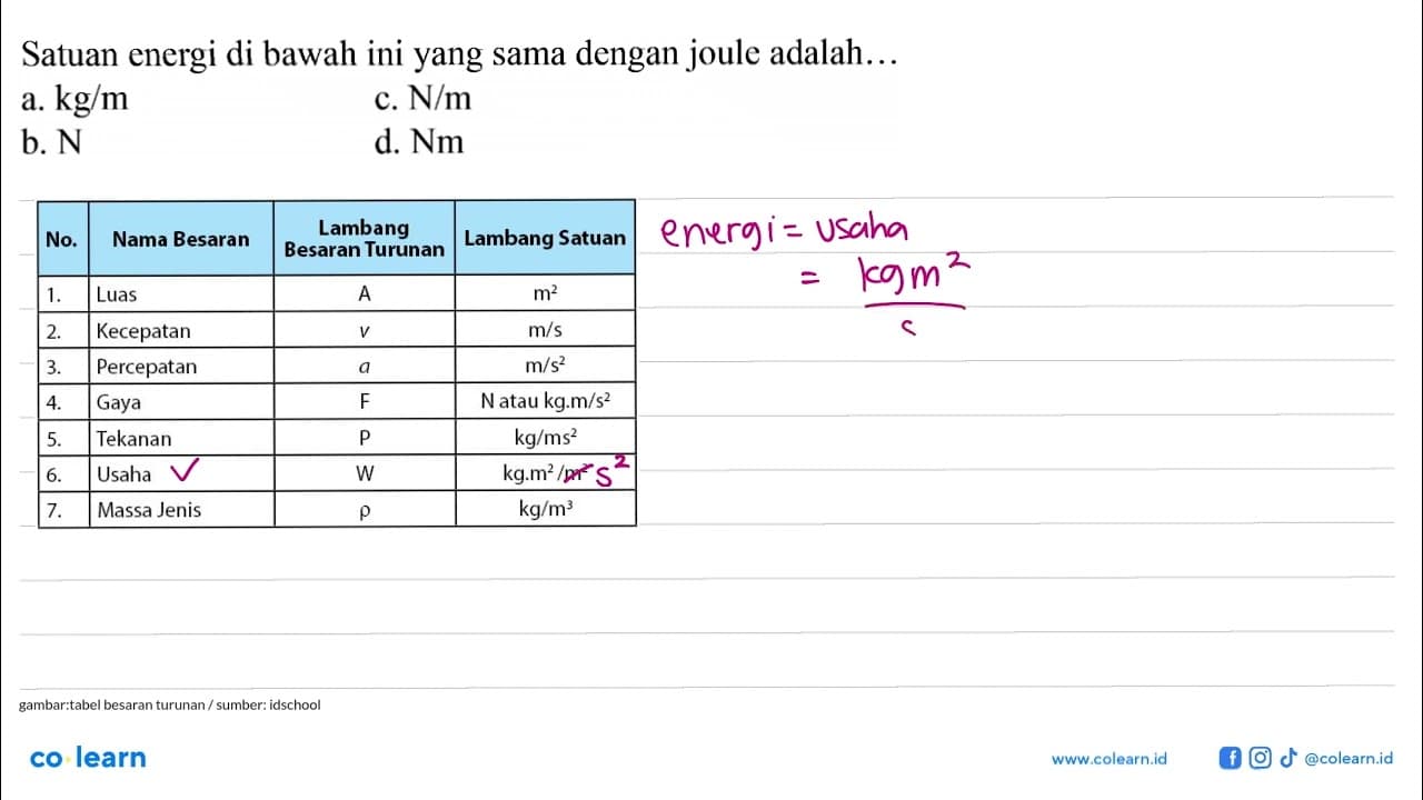 Satuan energi di bawah ini yang sama dengan joule adalah...