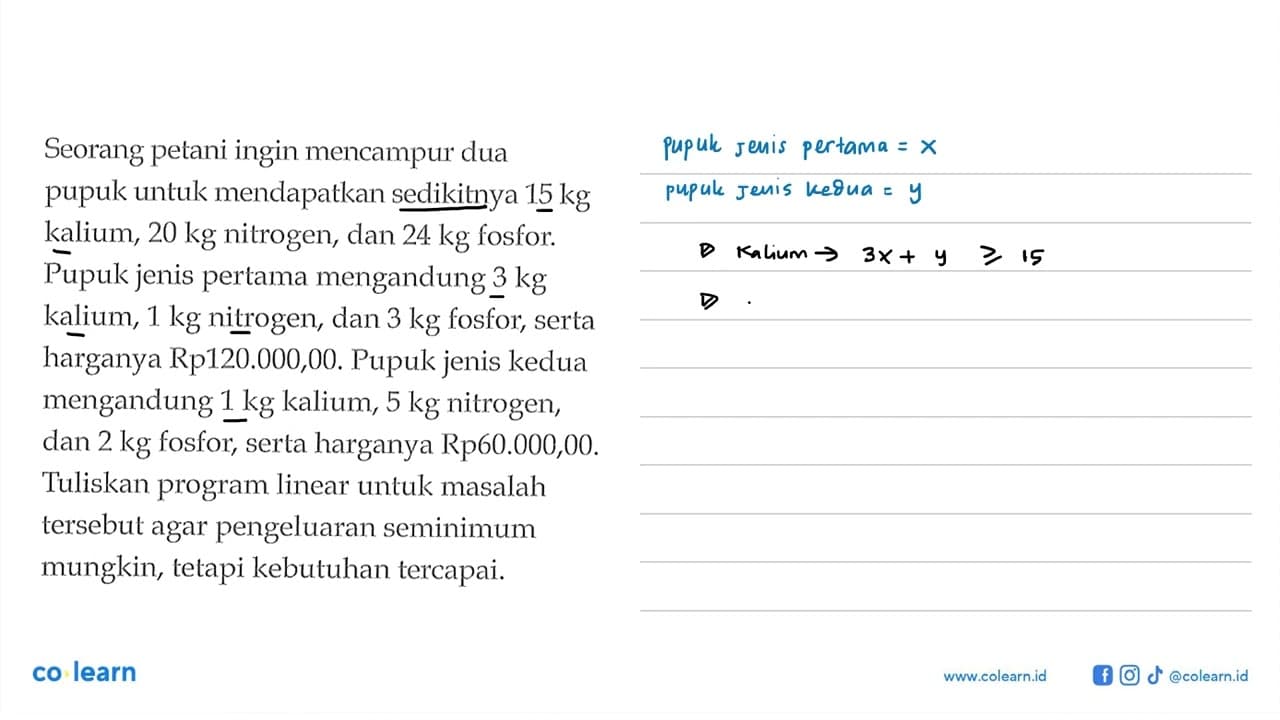 Seorang petani ingin mencampur dua pupuk untuk mendapatkan