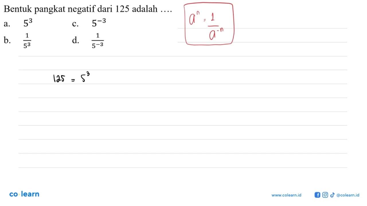Bentuk pangkat negatif dari 125 adalah ....