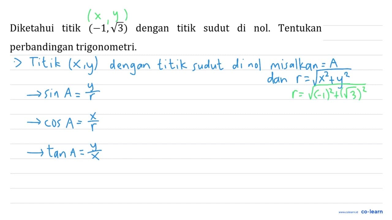 Diketahui titik (-1, akar(3)) dengan titik sudut di nol.