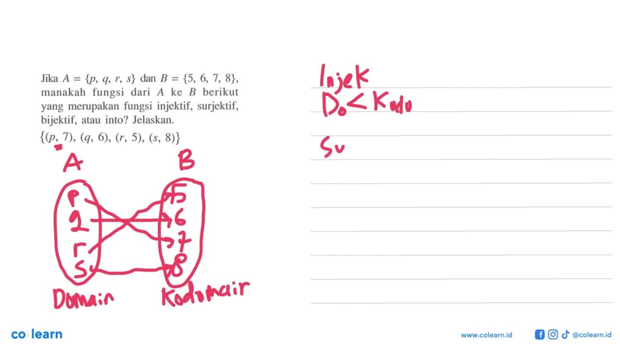 Jika A=p, q, r, s dan B=5,6,7,8 , manakah fungsi dari A ke