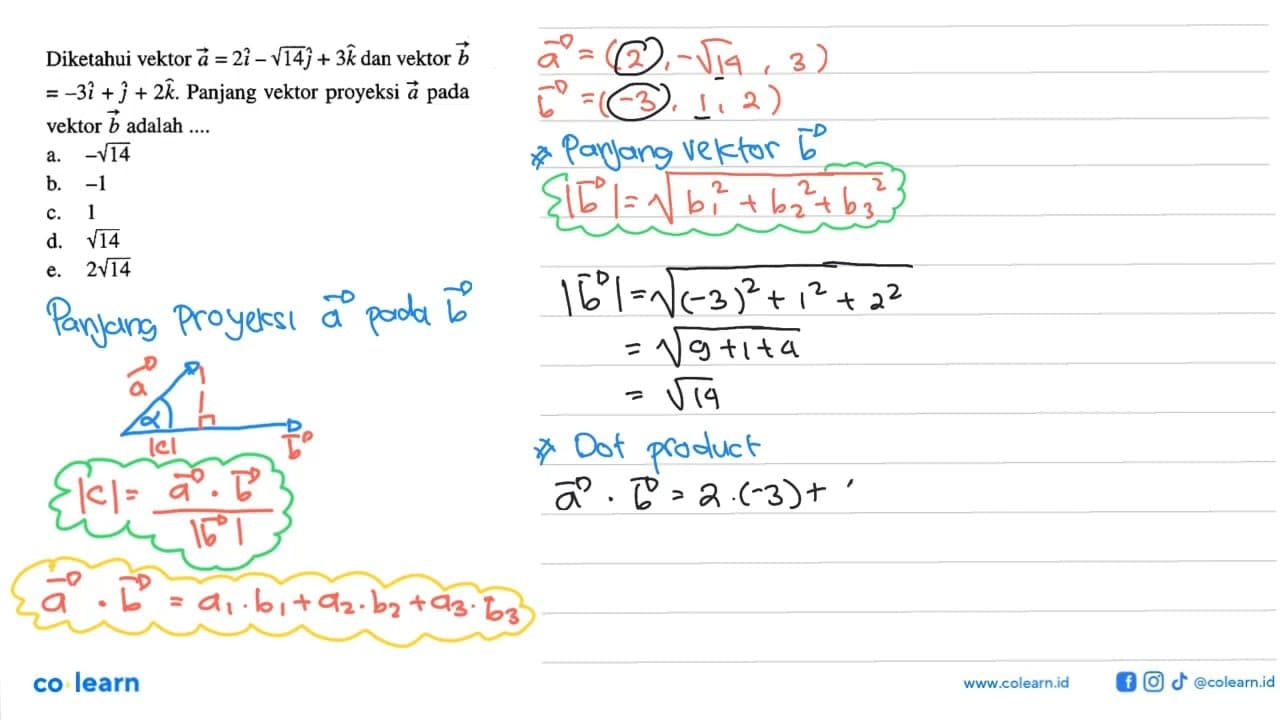 Diketahui vektor a=2i-akar(14)j+3k dan vektor b=-3i+j+2k.