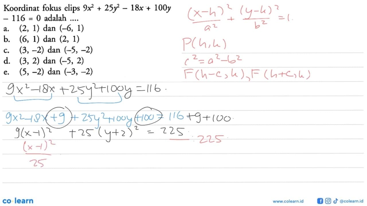 Koordinat fokus elips 9x^2+25y^2-18x+100y-116=0 adalah ....