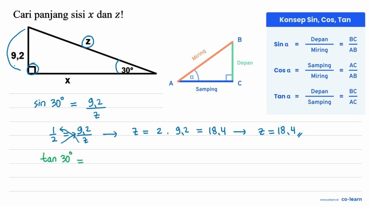 Cari panjang sisi x dan z! 9,2 z 30 x