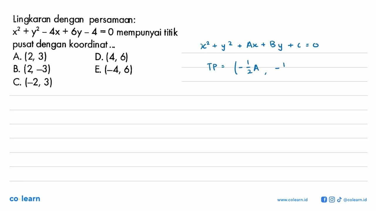 Lingkaran dengan persamaan: x^2+y^2-4x+6y-4=0 mempunyai