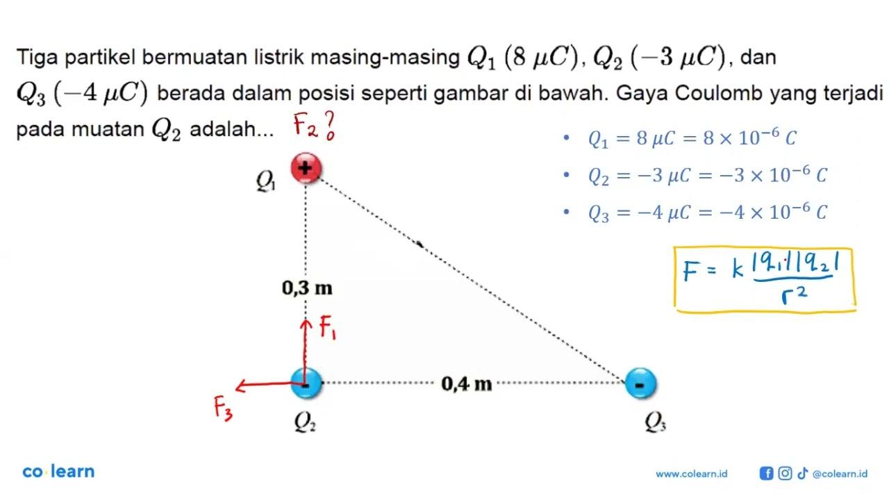 Tiga partikel bermuatan listrik masing-masing Q1 (8 mikro