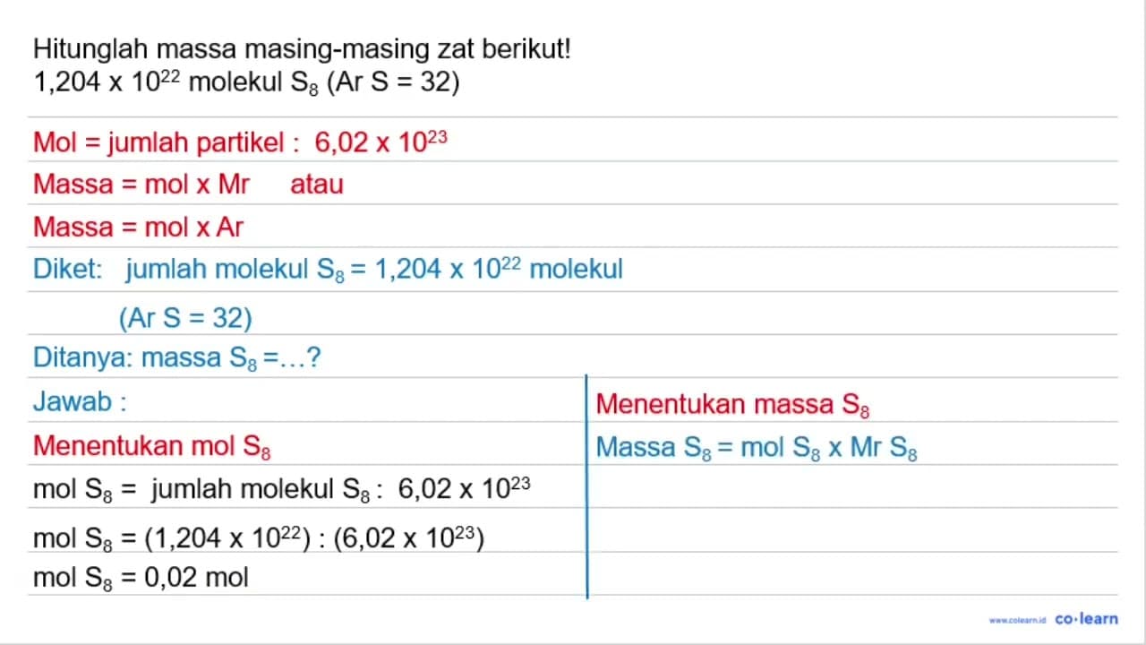 Hitunglah massa masing-masing zat berikut 1,204 x 10^(22) {